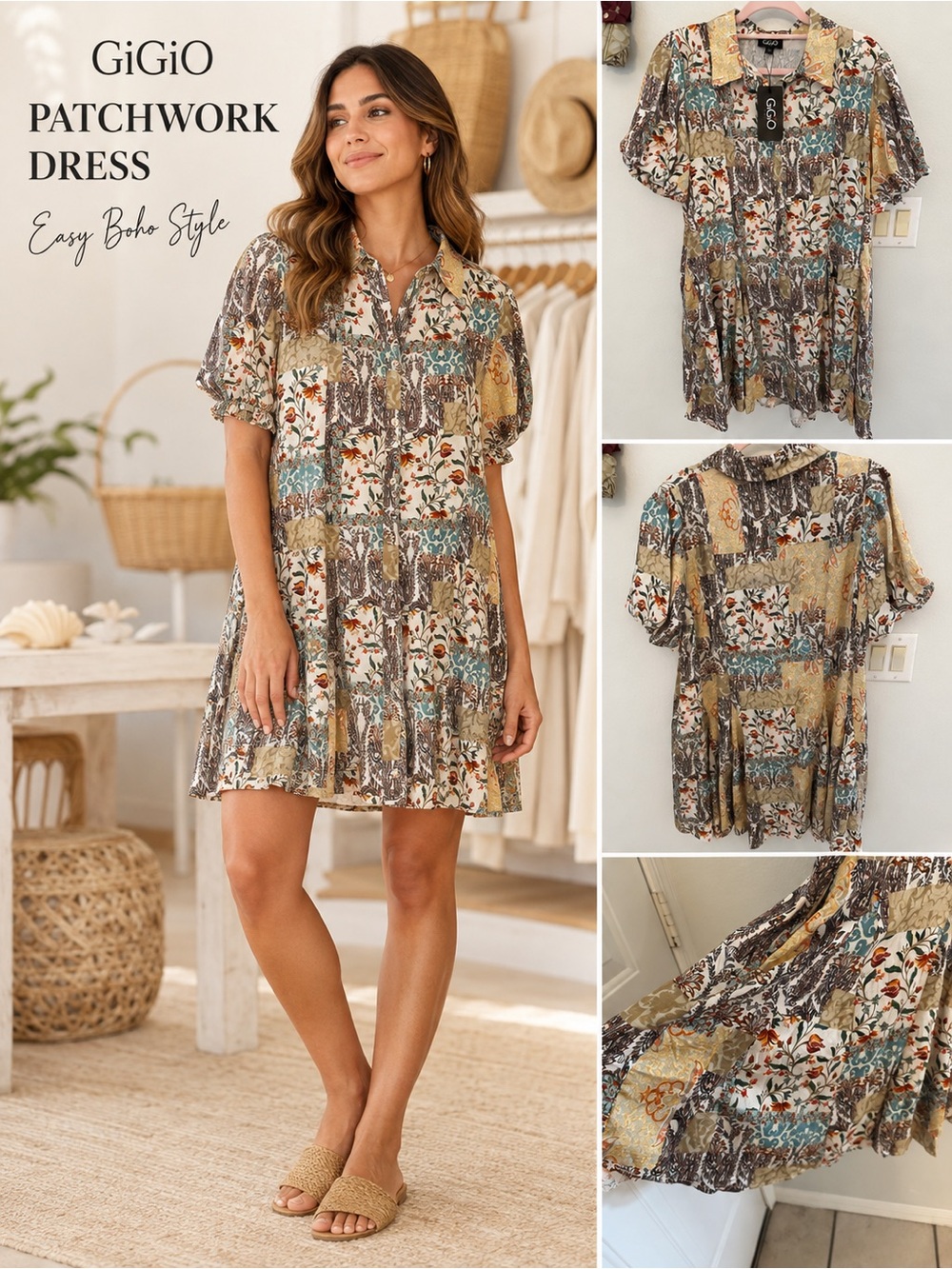 GiGio Patchwork Look Boho Dress | Button Down Flowy